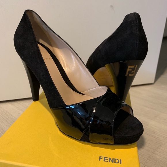 Fendi Shoes - Fendi size 38 Black Heels with Logo, and box